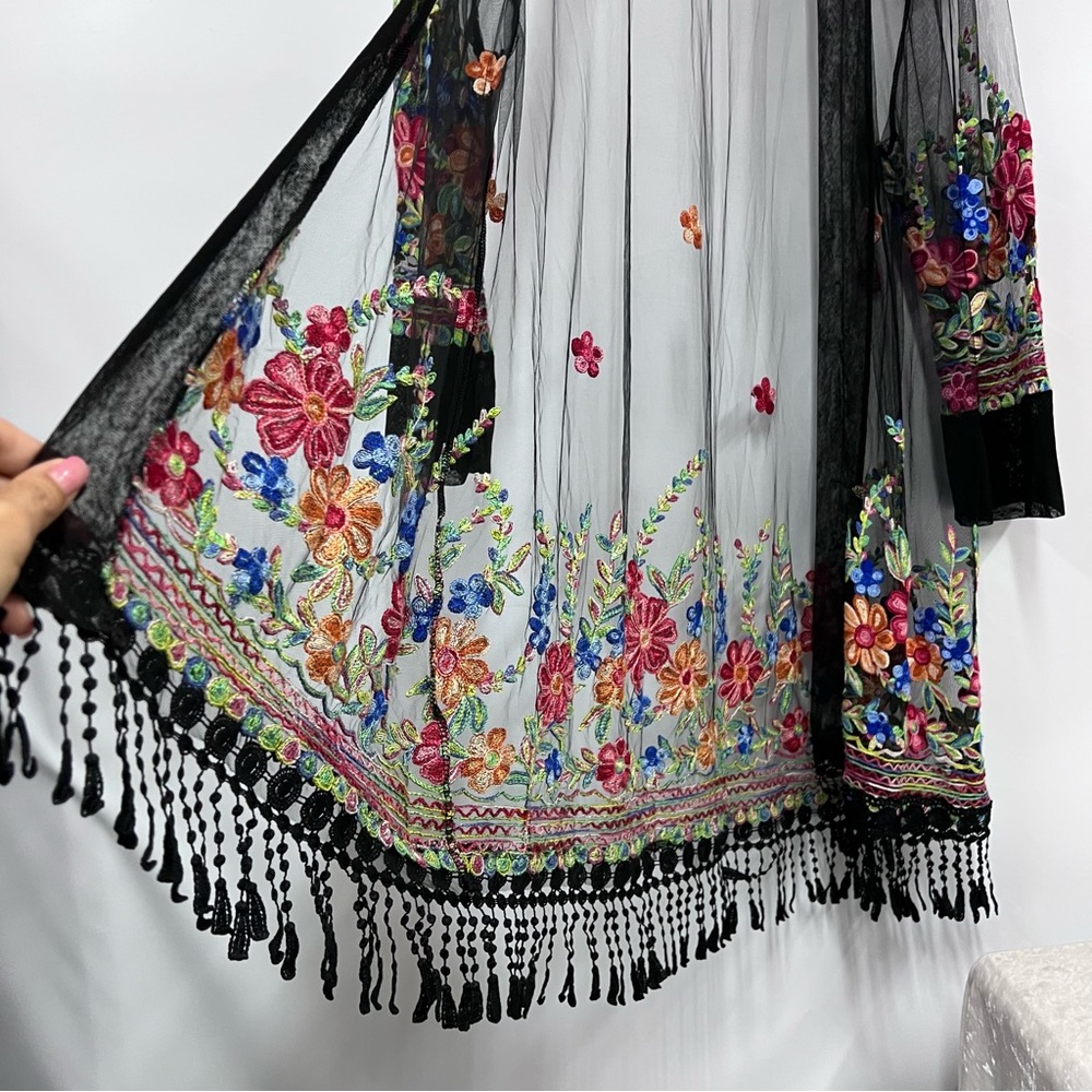 Floral Embroidered Sheer Kimono swim coverup mesh - Picture 5 of 14